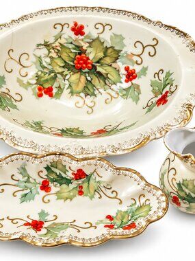 RV-10--Menuet Poland Royal Vienna Basket of Cheer 3-Piece Holly Porcelain Set